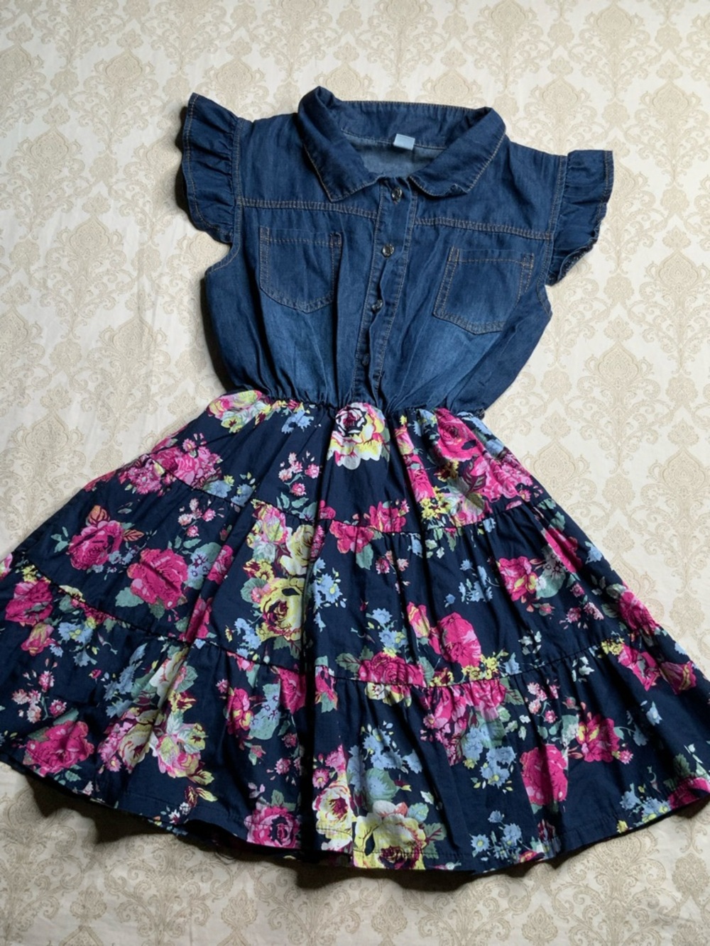 Girls Denim Floral Princess Dress Size 7/8